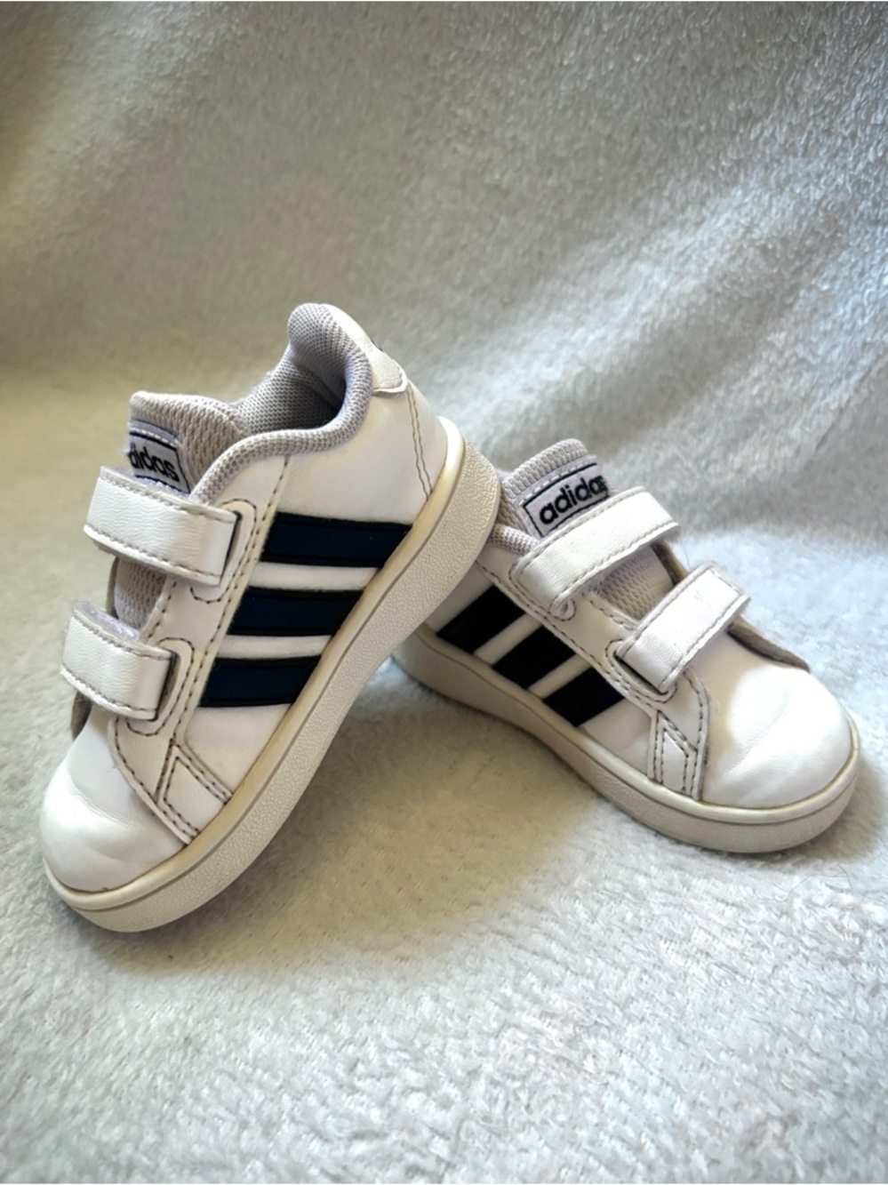 adidas Kids White Sneakers with Black Stripes Velcro